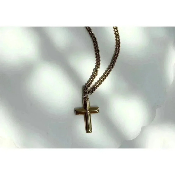 Vintage Gold Toned Chainlink Cross Choker Style Pendant Necklace - 13" - Picture 4 of 7